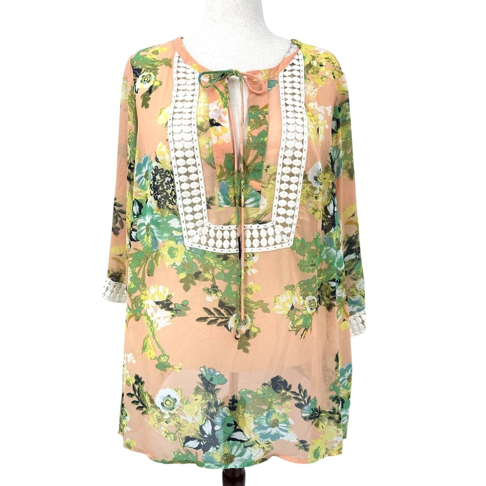 DANIEL RAINN Tunic Top Peach & Green Floral Crochet Trim Women's Plus 3X